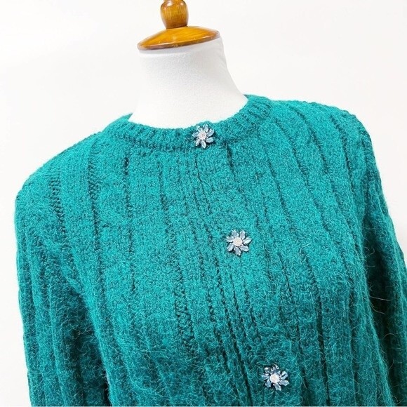 Zara Knit Cardigan With Jewel Buttons Bottle Green Size Medium NEW NWT - Picture 10 of 14